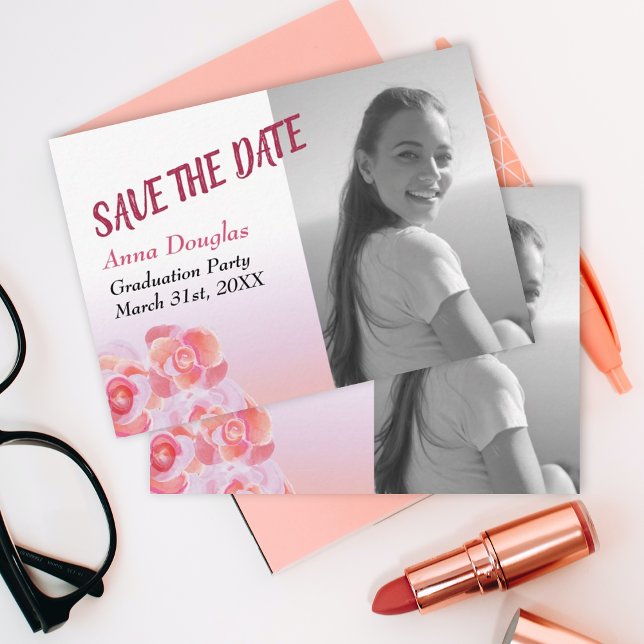 Peach, Pink Roses Save-the-Date Advice Card (cute simple peach pink roses save the date photo card graduation party graduate grad template card)