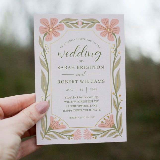 Peach pink & sage green Art Nouveau wild flower (Beautifully illustrated gold foil wedding invitations inspired by Art Nouveau style. Original art.)