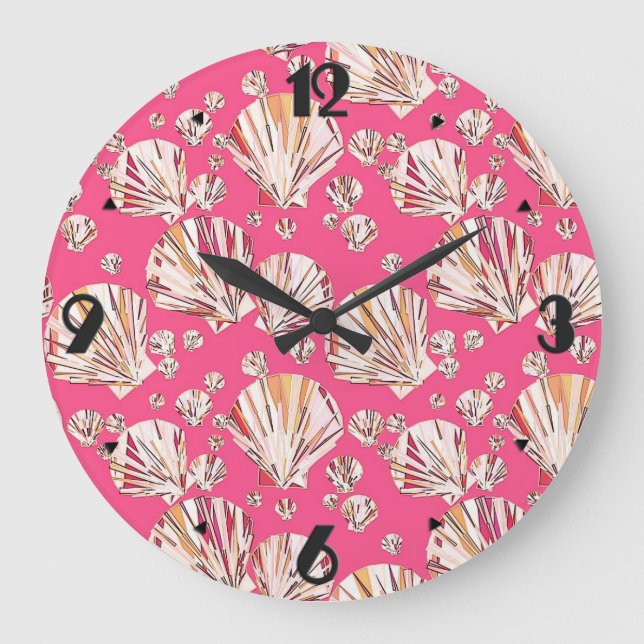 Peach, pink sea shells, coral pink background large clock (Front)