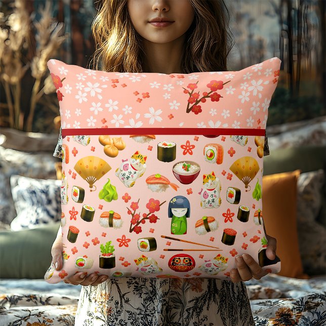 Peach Pink Sushi with Geisha Girls and Chopsticks Cushion (Creator Uploaded)