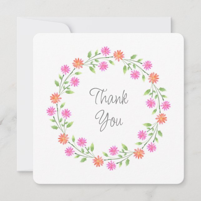 Peach & Pink Watercolor Daisies Wreath Thank You Card (Front)