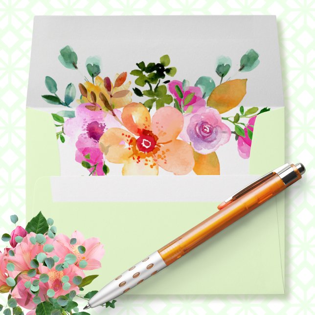  Peach Pink Watercolor Floral Garden Bouquet Green Envelope (Creator Uploaded)