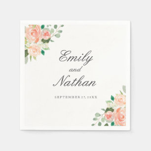 Peach Pink Watercolor Floral Wedding Napkin