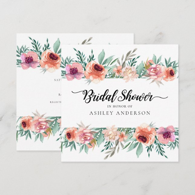 Peach Pink Watercolor Flowers Modern Bridal Shower Invitation (Front/Back)