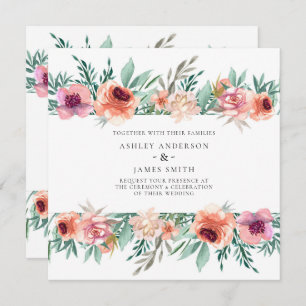 Peach & Pink Watercolor Flowers Modern Wedding Invitation