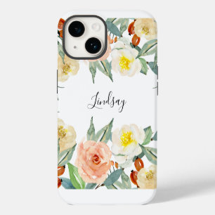 Peach Pink Watercolor Flowers With Name iPhone 14 Case