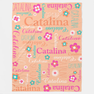 Peach pink white aqua flower and name blanket