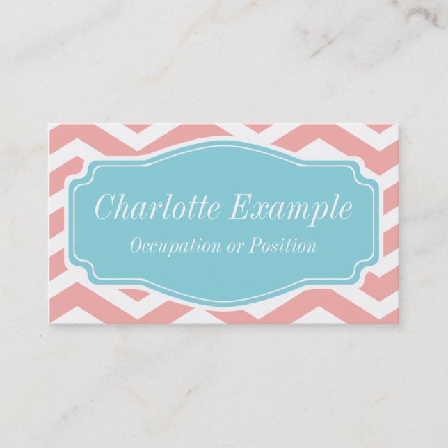 Peach Pink White Blue Chevron Personal Business Card (Front)