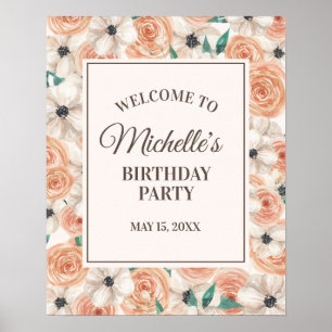 Peach Pink White Floral Birthday Party Welcome Poster