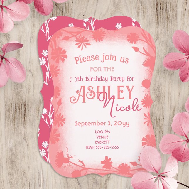 Peach, Pink Wild Flowers Border Birthday Party Invitation (peach pink wildflowers young woman teen birthday invitation with cute floral border)