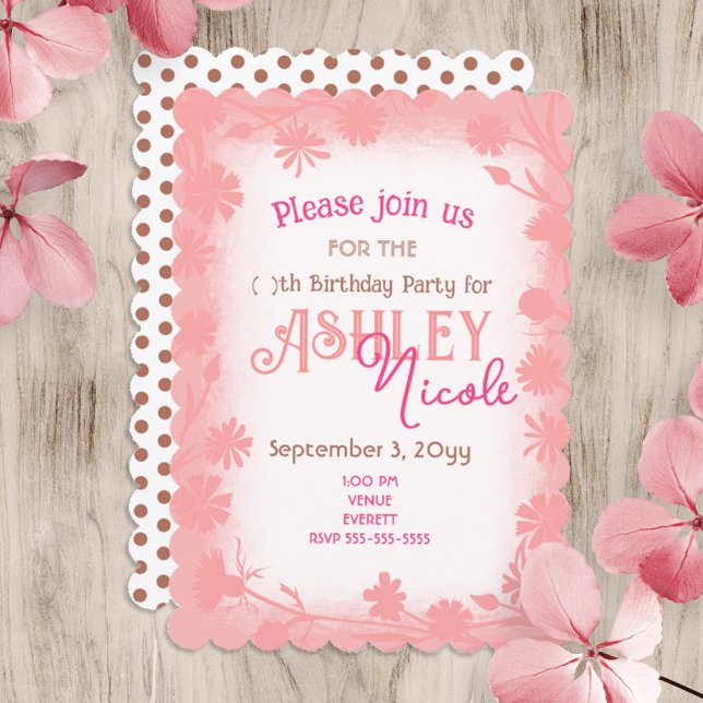 Peach, Pink Wild Flowers Border Birthday Party Invitation (peach pink floral border, mixed pink, beige script text, brown polka dots birthday party invitation)