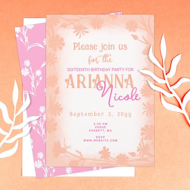 Peach, Pink Wild Flowers Sweet 16 Birthday Invitation (peach pink sweet 16 sixteen birthday party invitation wild flowers daisies spring summer template)