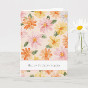 Peach Pink Yellow Blue Flowers Birthday Card