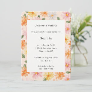 Peach Pink Yellow Blue Flowers Birthday Invitation