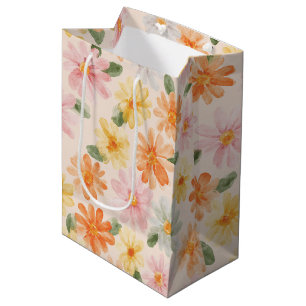 Peach Pink Yellow Blue Flowers Birthday Medium Gift Bag