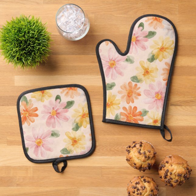 Peach Pink Yellow Blue Flowers  Oven Mitt & Pot Holder Set (Top Down)