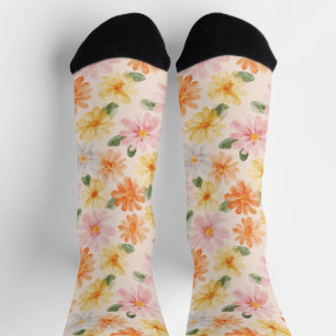 Peach Pink Yellow Blue Flowers Socks