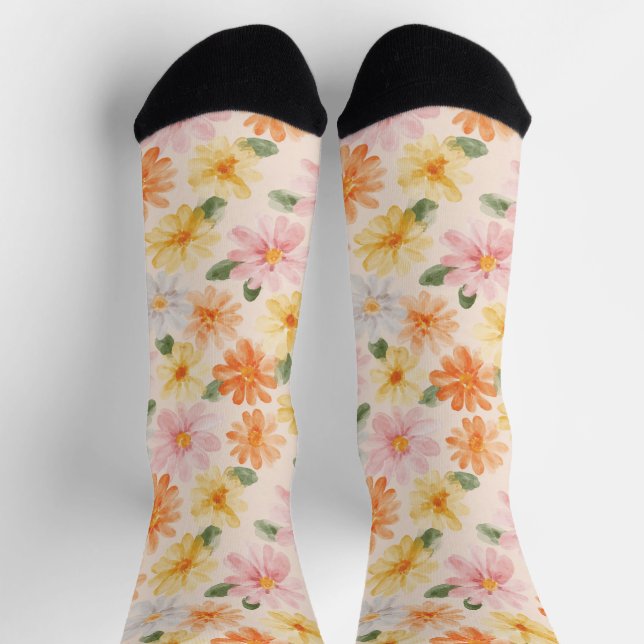 Peach Pink Yellow Blue Flowers Socks (Top)