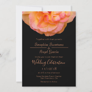 Peach Pink Yellow Rose Design On Black Wedding Invitation