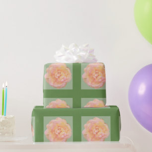 Peach Pink Yellow Rose Design on Green Background Wrapping Paper