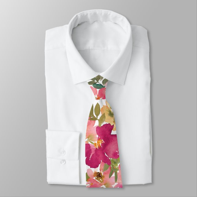 Peach Pink Yellow Watercolor Floral Wedding Tie (Tied)