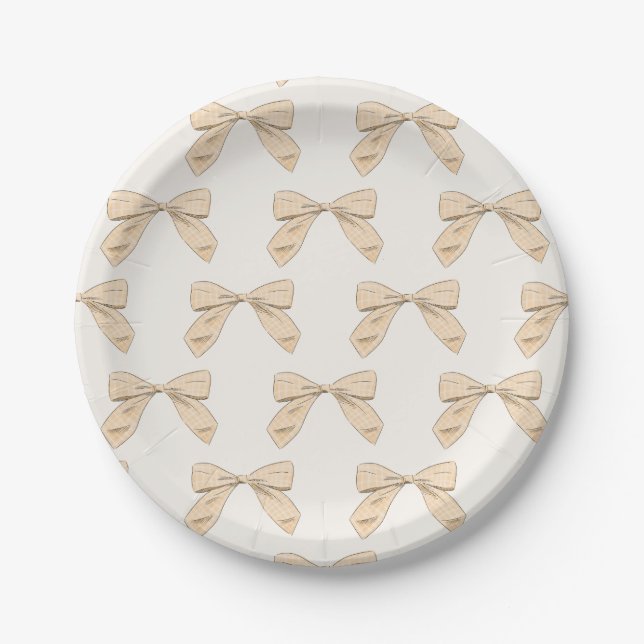 Peach Plaid Bow Elegant Gender Neutral Baby Shower Paper Plate (Front)