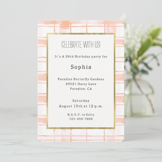 Peach Plaid Stripes Birthday Invitation (Standing Front)