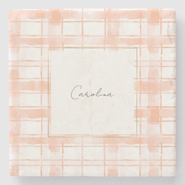 Peach Plaid Stripes  Stone Coaster (Front)