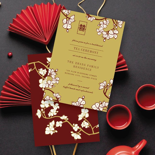 Peach/Plum Blossoms Double Xi Chinese Tea Ceremony Enclosure Card (Peach/Plum Blossoms Double Happiness Chinese Tea Ceremony Enclosure Card @ fatfatin_red_knot)