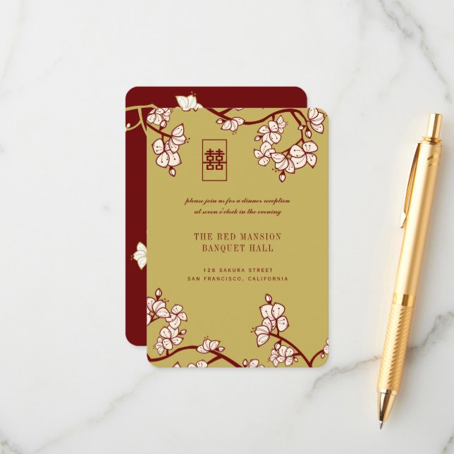 Peach/Plum Blossoms Red Double Happiness Reception Enclosure Card (Front/Back In Situ)