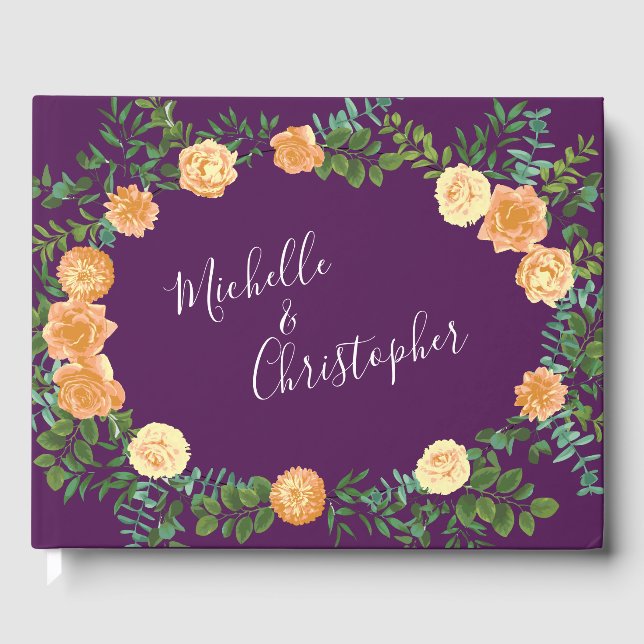 Peach & Plum Purple Peony & Rose Floral Wedding Guest Book (Front)