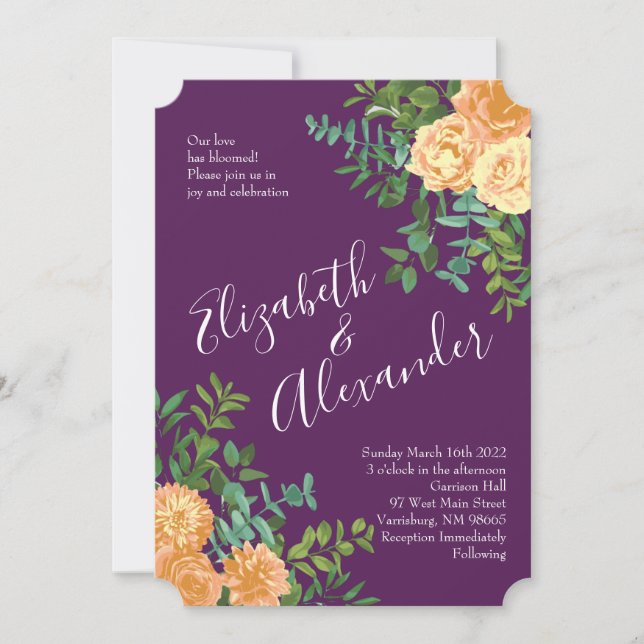 Peach Plum Purple Peony & Rose Floral Wedding Invitation (Front)