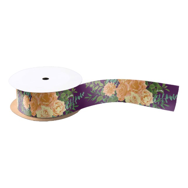 Peach & Plum Purple Peony & Rose Floral Wedding Satin Ribbon (Spool)