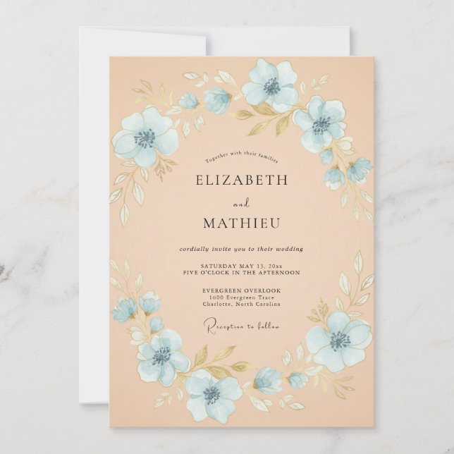 Peach Poetic Botanical Wedding Invitation (Front)