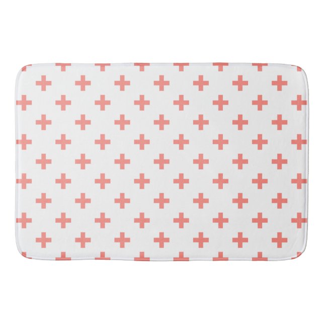 Peach polka crosses on white bath mat (Front)