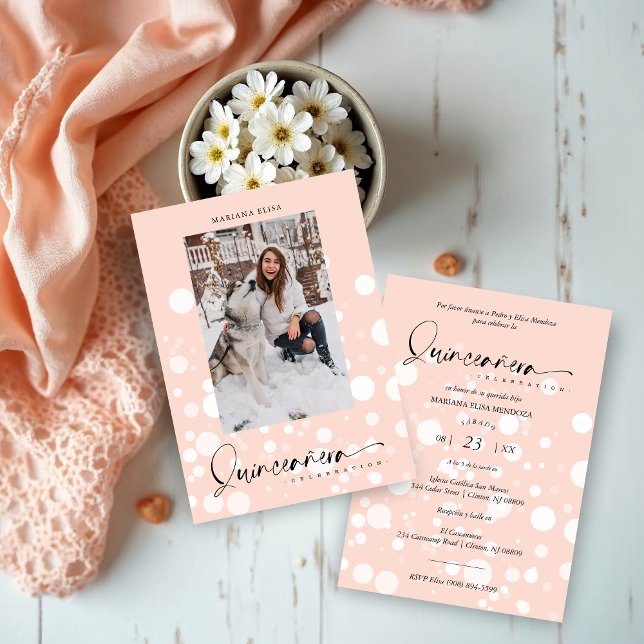 Peach Polka Dot Custom Photo Quinceañera Invitation (Peach Polka Dot Custom Photo Quinceañera Invitation.)