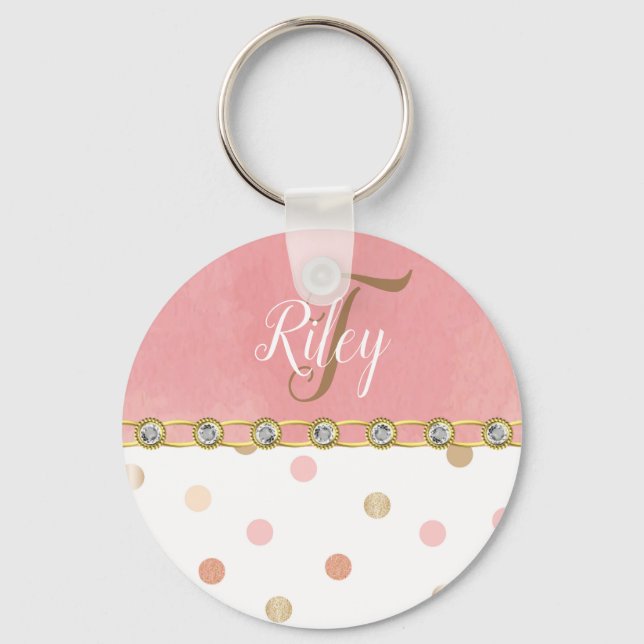 Peach Polka Dot Rhinestone Glitzy Pretty Fun Key Ring (Front)