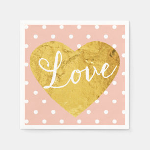 Peach Polka Dots Fake Gold Love Heart Cute Girly Napkin