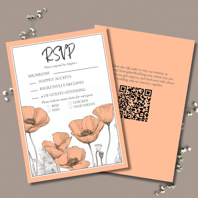 Peach Poppies Floral Elegant Modern Wedding RSVP Card (Peach Poppies Elegant Wedding RSVP with menu options and QR code for your wedding website.)