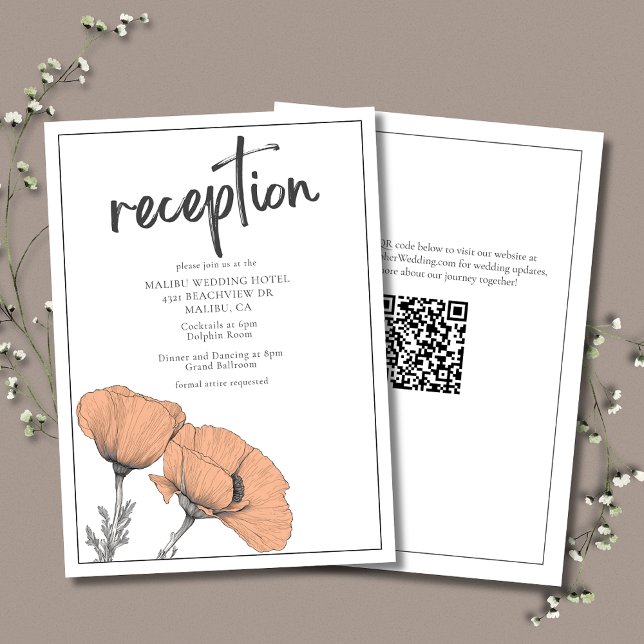 Peach Poppies Floral Elegant Wedding Reception Enclosure Card (Peach Poppies Elegant Wedding Reception with QR Code for Wedding Website. )