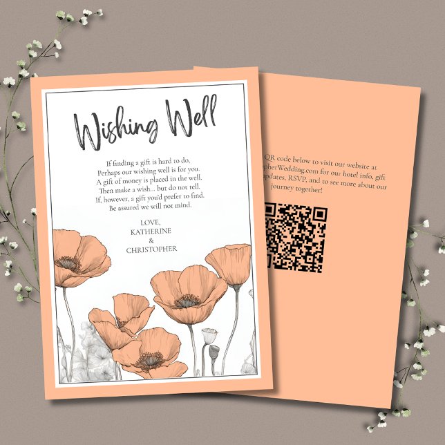 Peach Poppies Floral Elegant Wedding Wishing Well Enclosure Card (Peach Floral Wishing Well Enclosure Card with California Poppies and Modern Typography.)