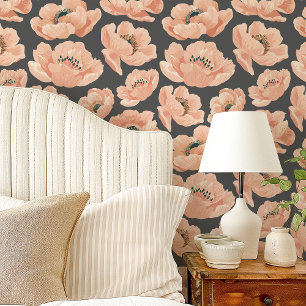 Peach Poppies On Grey Elegant Floral Wallpaper