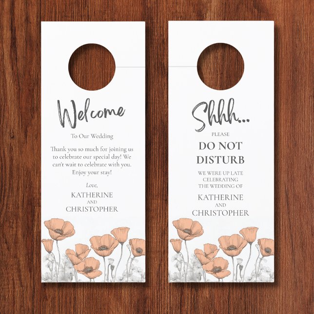 Peach Poppies Shhh Do Not Disturb Wedding Door Hanger (Wedding Hotel Peach Poppies Shhh Door Hanger with Custom Welcome Message and Couple Names.
)