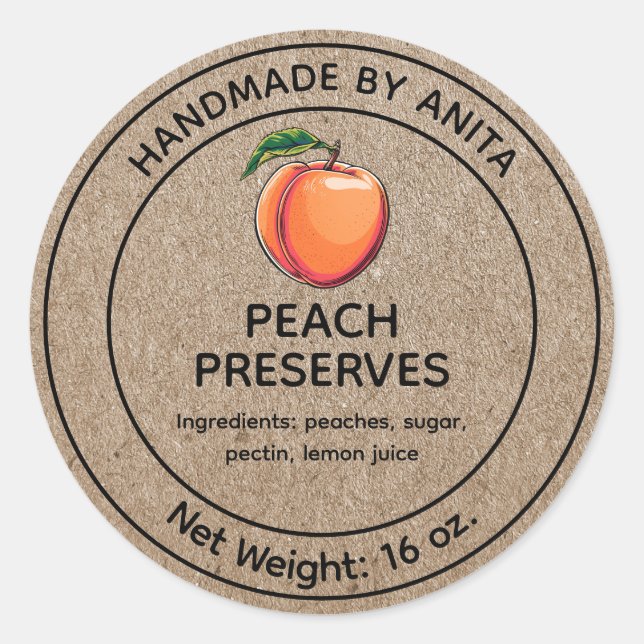 Peach Preserves Jelly Jam Jar Label Kraft Style (Front)