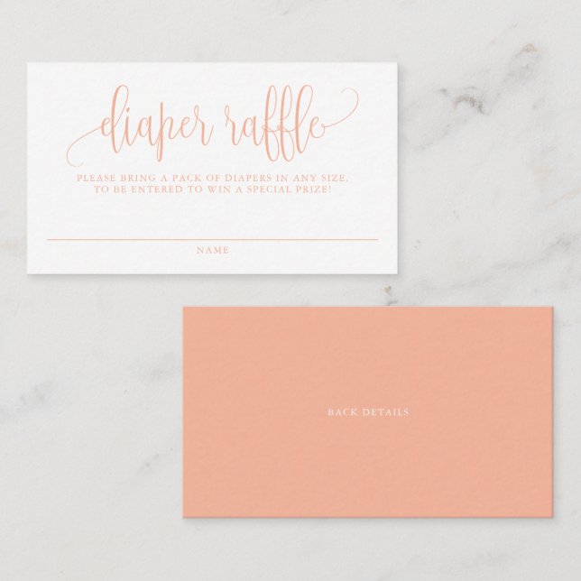 Peach Pretty Script Baby Shower Diaper Raffle Business Card (Front/Back)