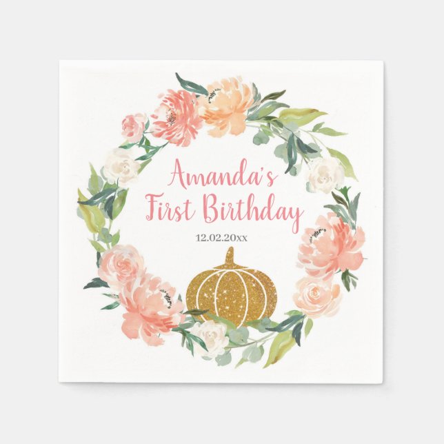 Peach Pumpkin Birthday Paper Napkins (Front)