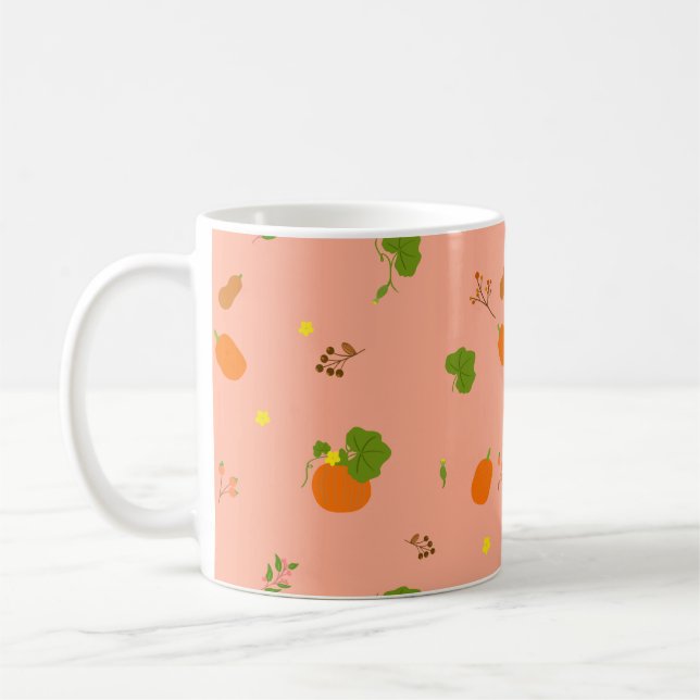 Peach Pumpkin Garden Botanical Pattern Coffee Mug (Left)
