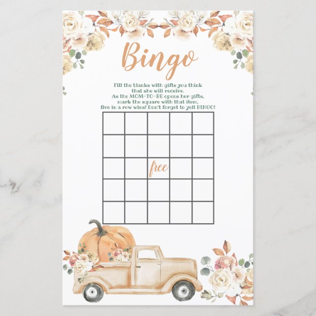 Peach Pumpkin Rustic Truck Baby Shower Bingo Game (Front)