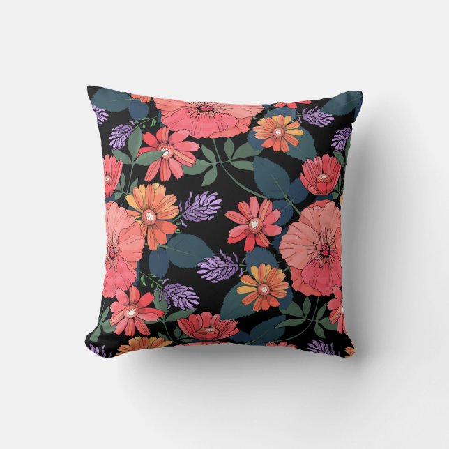 Peach & Purple Coloured Floral Print Throw Pillow (Front)