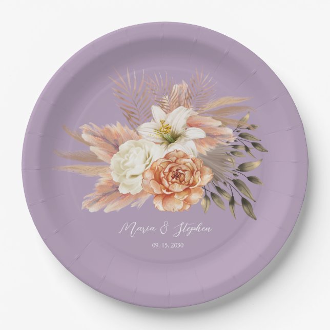 Peach Purple Floral Wedding Paper Plate (Front)